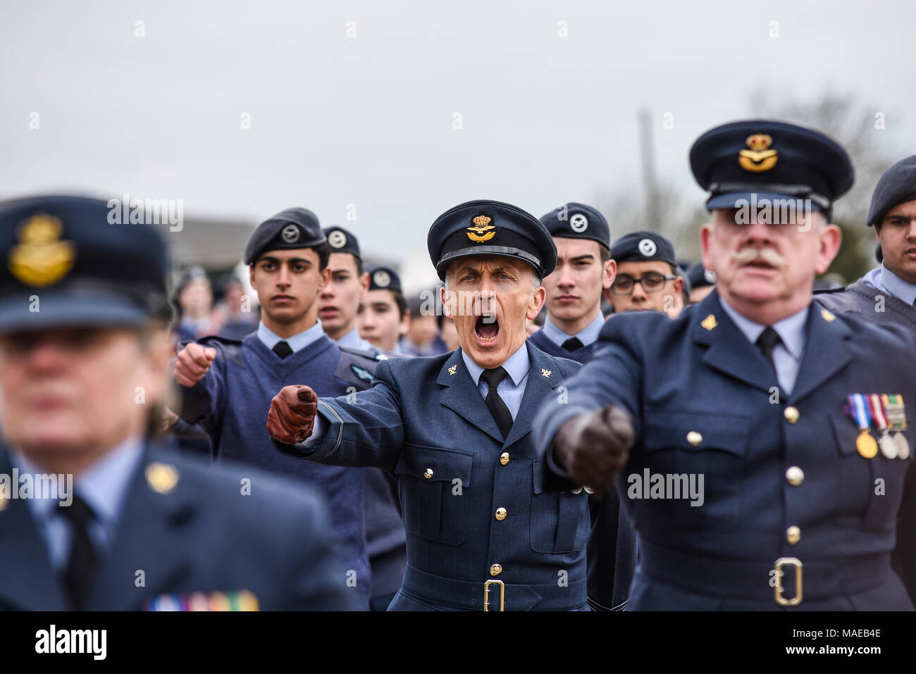 La Royal Air Force è stata formata durante la Grande guerra il 1 aprile 1918 dai suoi antenati del Royal Flying Corps e Royal Naval Air Service. In occasione del centenario di un evento di celebrazione si è svolta in unica guerra mondiale un aérodrome a Stow Maries Foto Stock