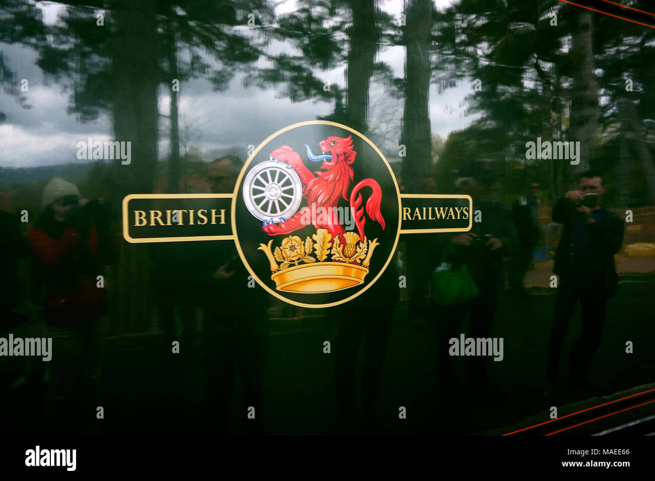 Broadway, Worcestershire, Inghilterra, Regno Unito. 1 Aprile 2018 - British Railways Logo sul lato del treno a vapore in arrivo presso il recentemente riaperto Broadway Station. Credito: Maria verde / Alamy Live News Foto Stock