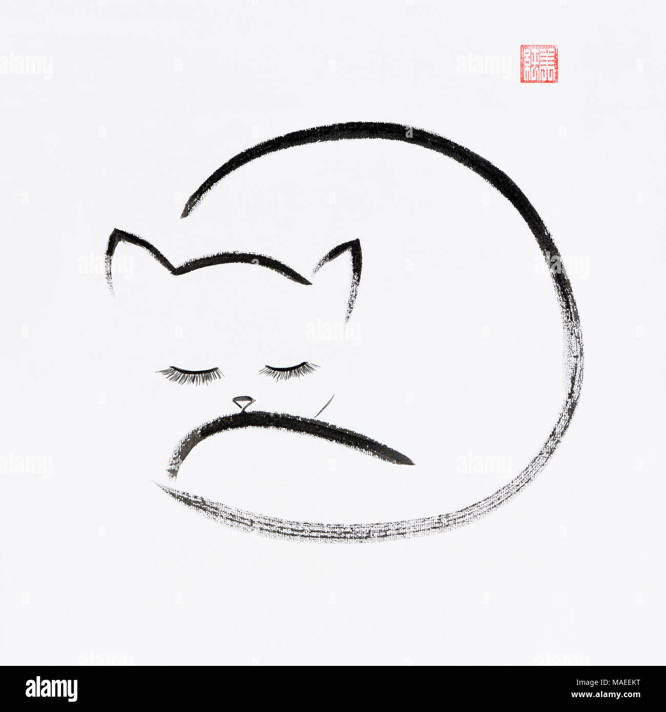 Carino aiutano a dormire cat artistico di stile orientale illustrazione, Zen giapponesi sumi-e pittura di inchiostro bianco su sfondo carta di riso Foto stock - Alamy