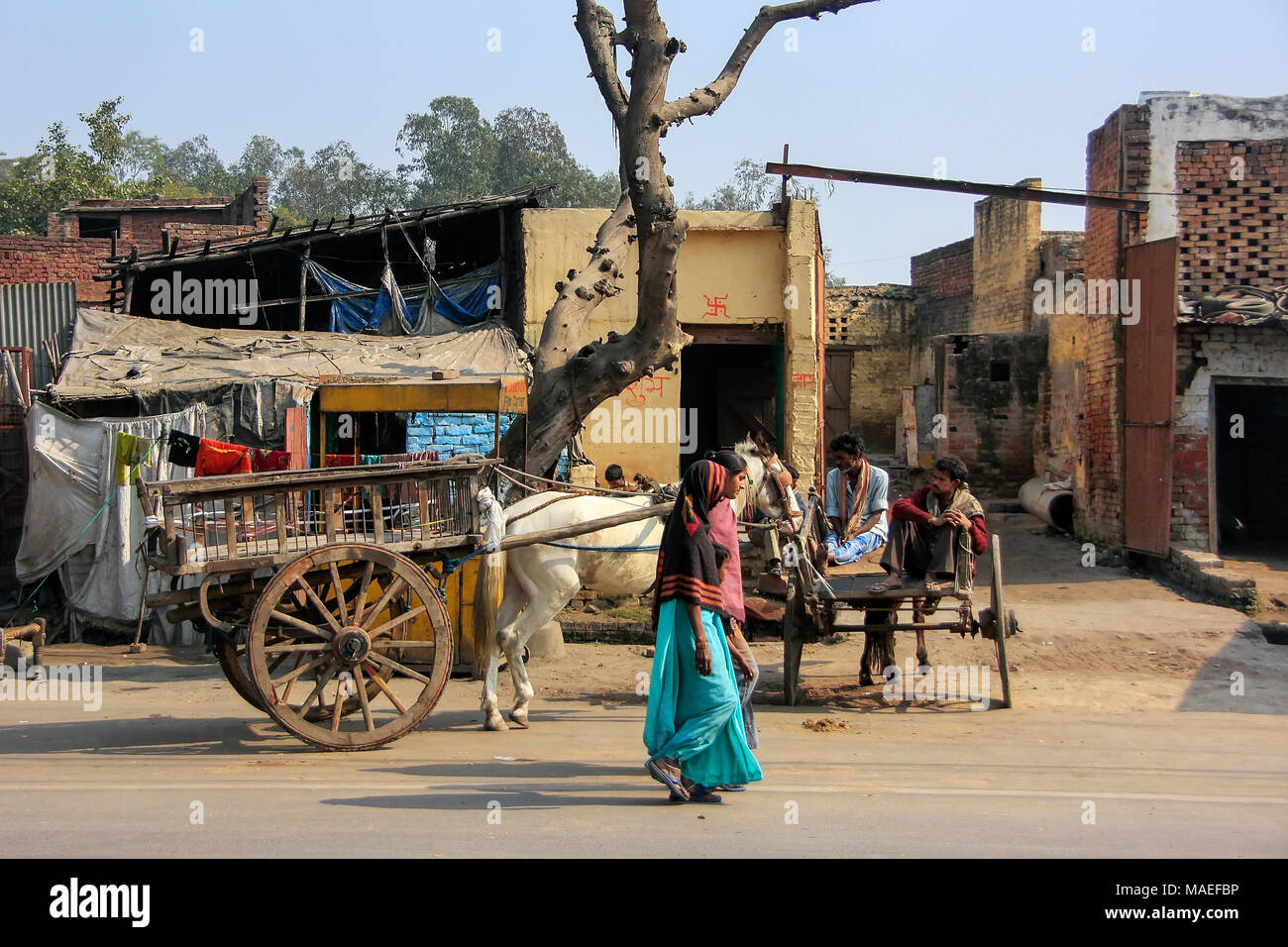 Donne locali a piedi in strada in Agra, Uttar Pradesh, India. Agra è una delle più popolose città in Uttar Pradesh Foto Stock