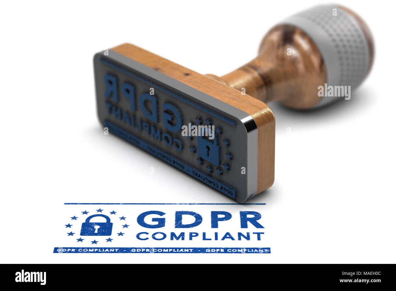 Generale dell'UE per la protezione dei dati la conformità del regolamento. Timbro di gomma con il testo compatibile con il PILR su sfondo bianco. 3D illustrazione Foto Stock