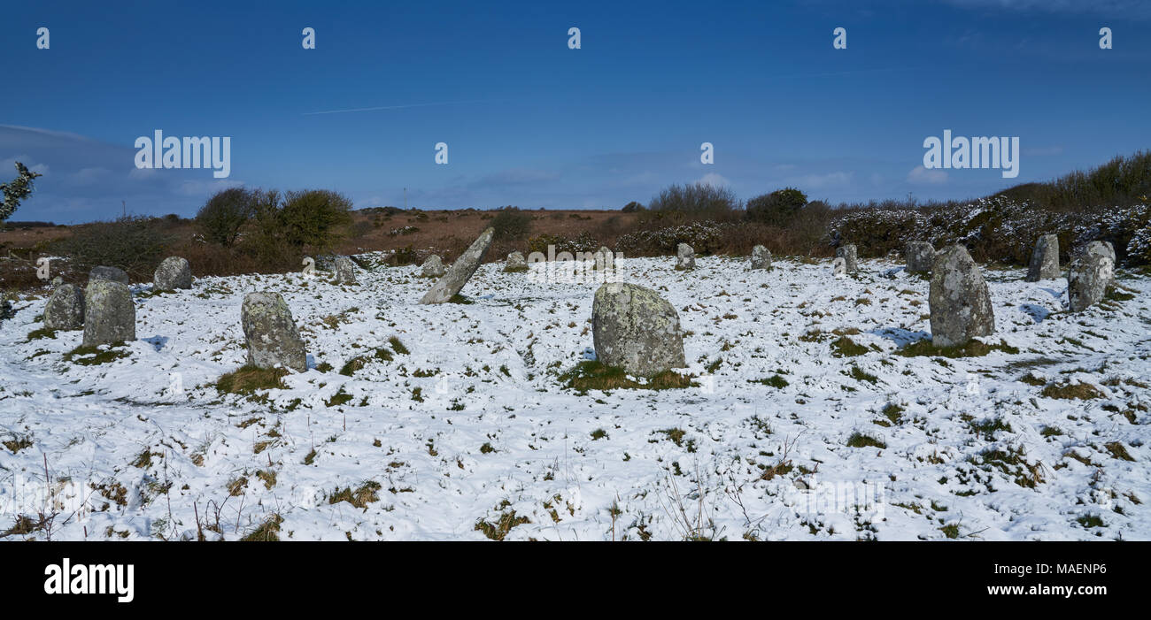 Boscawen-Un Stone Circle. Neolitico all'età del bronzo. Ritiene che sia stato un importante sito cerimoniale nell'Età del Bronzo Foto Stock
