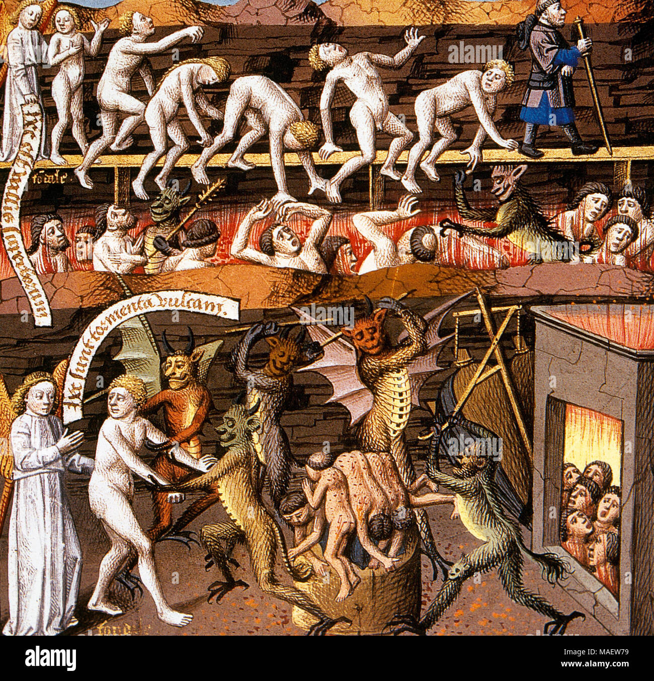 Miniatura raffigurante l'inferno, 1463. La punizione del condannato. Conde Museum. Castello di Chantilly. La Francia. Foto Stock