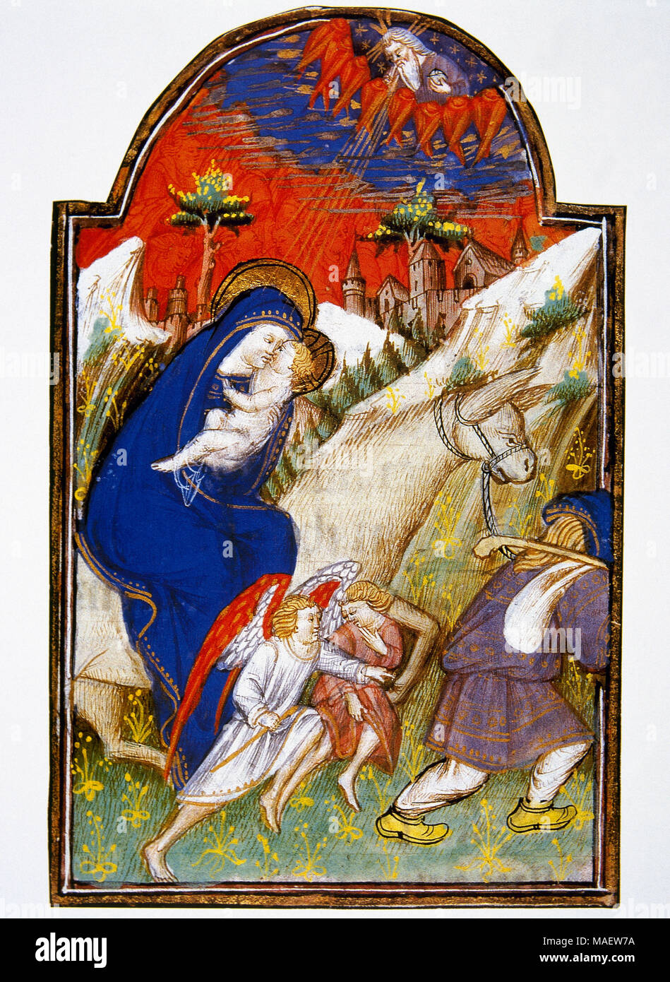 La Fuga in Egitto. Miniatura. Libro d Ore, XIV secolo. Conde Museum. Castello di Chantilly. La Francia. Foto Stock