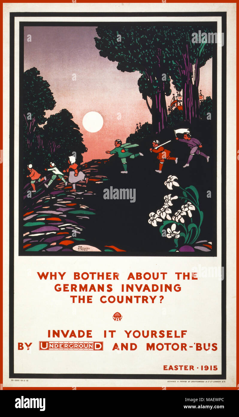 WW1 Propaganda UK Vintage Travel Poster del 1900 "perché preoccuparsi dei tedeschi che invadono il paese? Invaditi con la metropolitana e il motoscafo." Pasqua - 1915 Foto Stock
