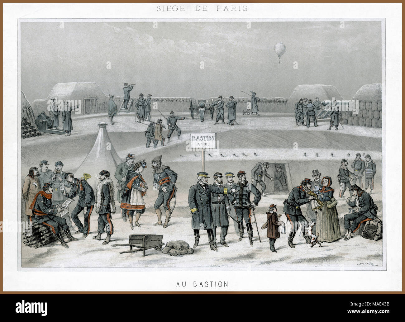 Assedio di Parigi Vintage Litho Stampa di Siège de Paris ... Au bastione. La vita militare di Fort francese, "Bastion' n. 95,' durante l'Assedio di Parigi, 1870. Un palloncino vola sopra il forte di distanza. Foto Stock