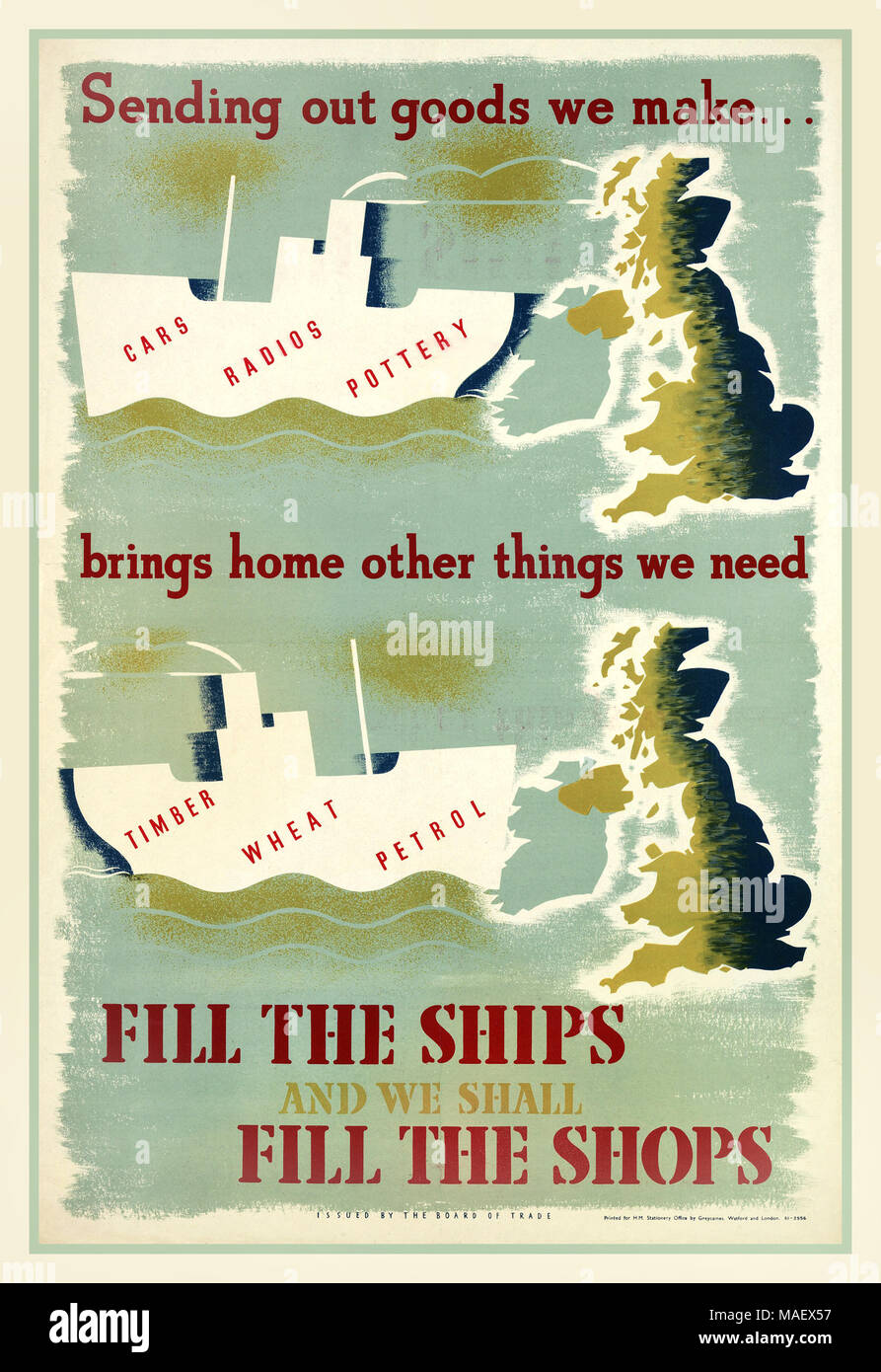 WW2 British UK Vintage lo sforzo di guerra di propaganda Poster MAPPA DEL REGNO UNITO British Marina Mercantile "riempire le navi - e ci deve riempire i negozi" 1939-1945 Foto Stock