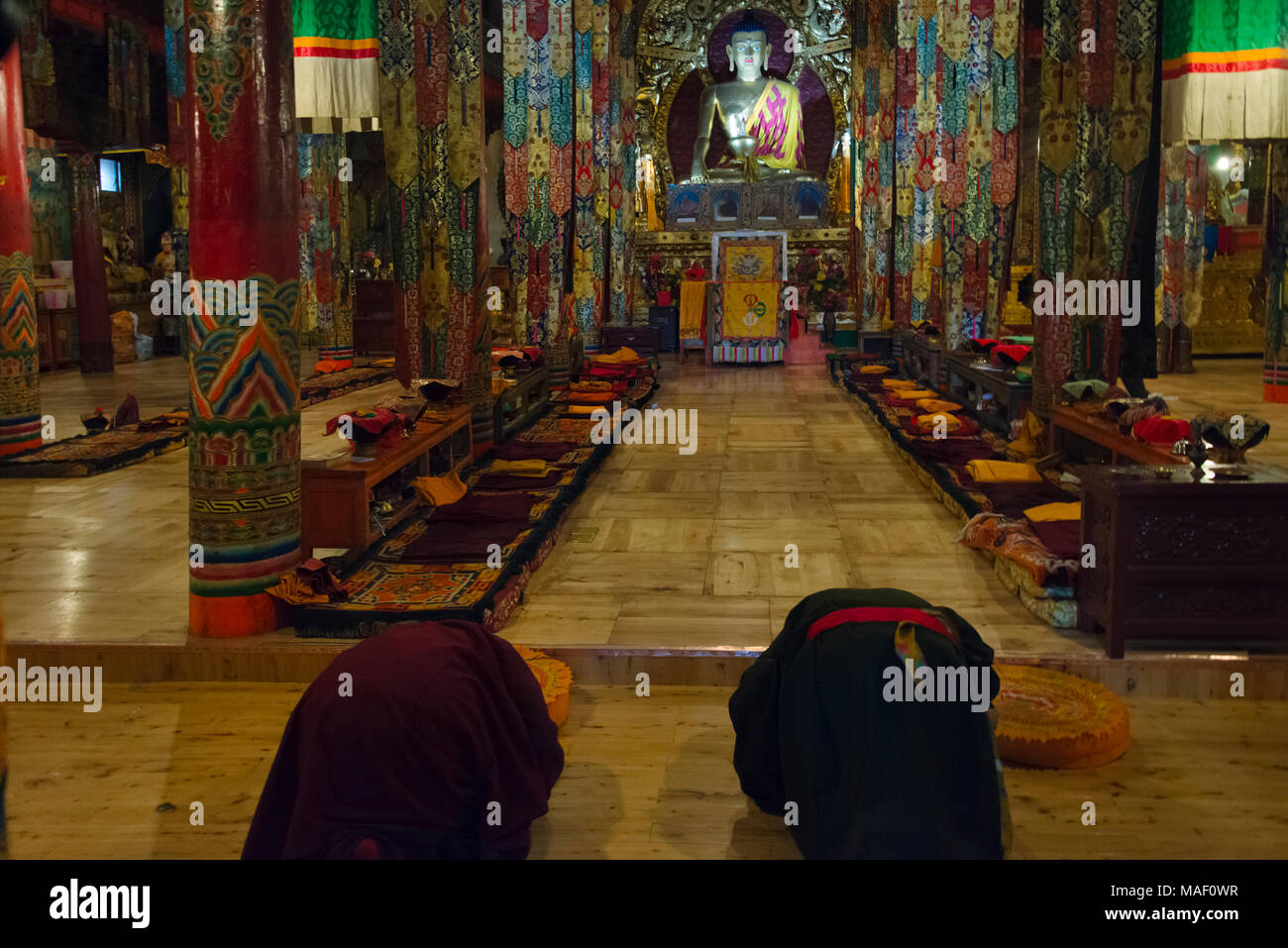Pellegrini in preghiera all'interno del Monastero Tagong, Tagong, western Sichuan, Cina Foto Stock
