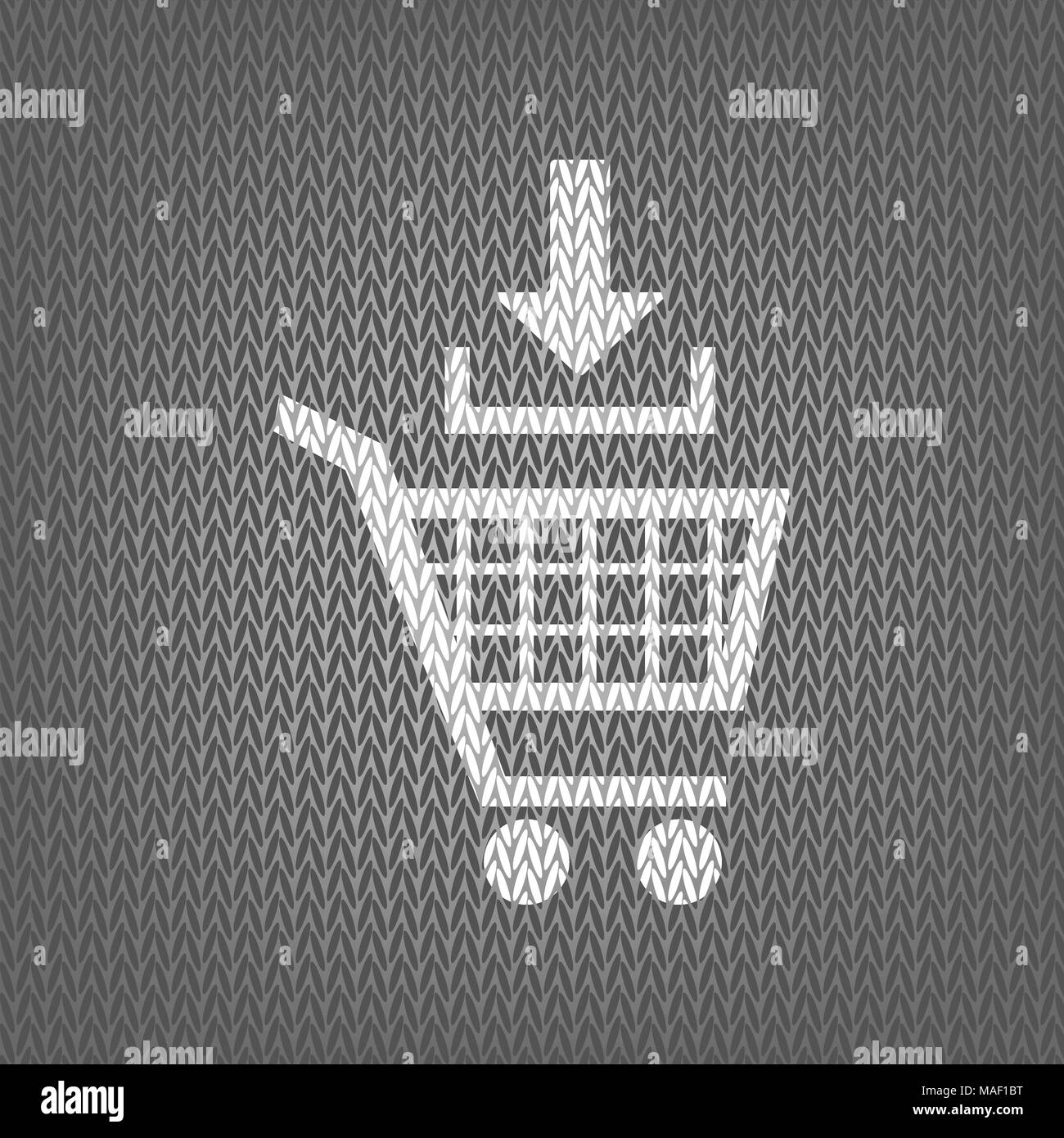 Aggiungi al carrello segno. Vettore. Bianco maglia icona sul grigio Sfondo a maglia. Isolato. Illustrazione Vettoriale