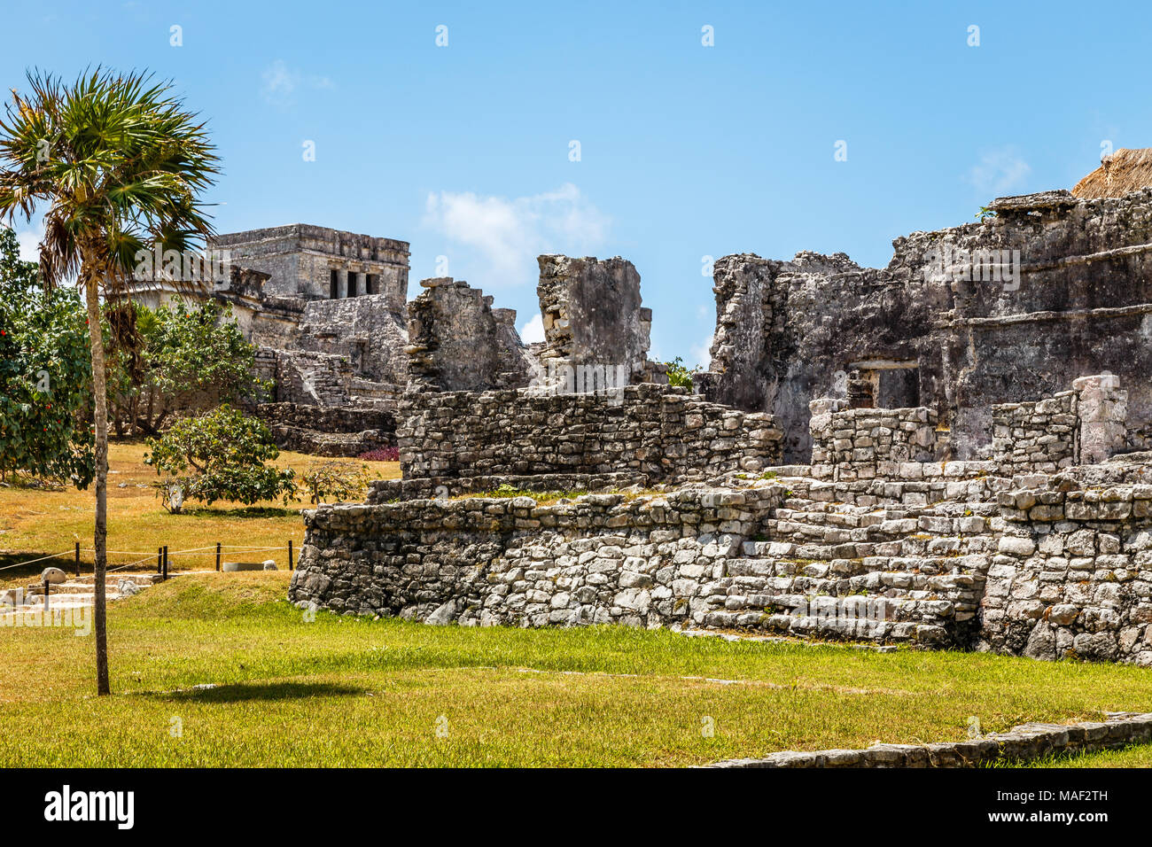 Vecchio rovinato antichi templi Maya con palme e cielo blu, Tulum sito archeologico, la penisola dello Yucatan, Messico Foto Stock