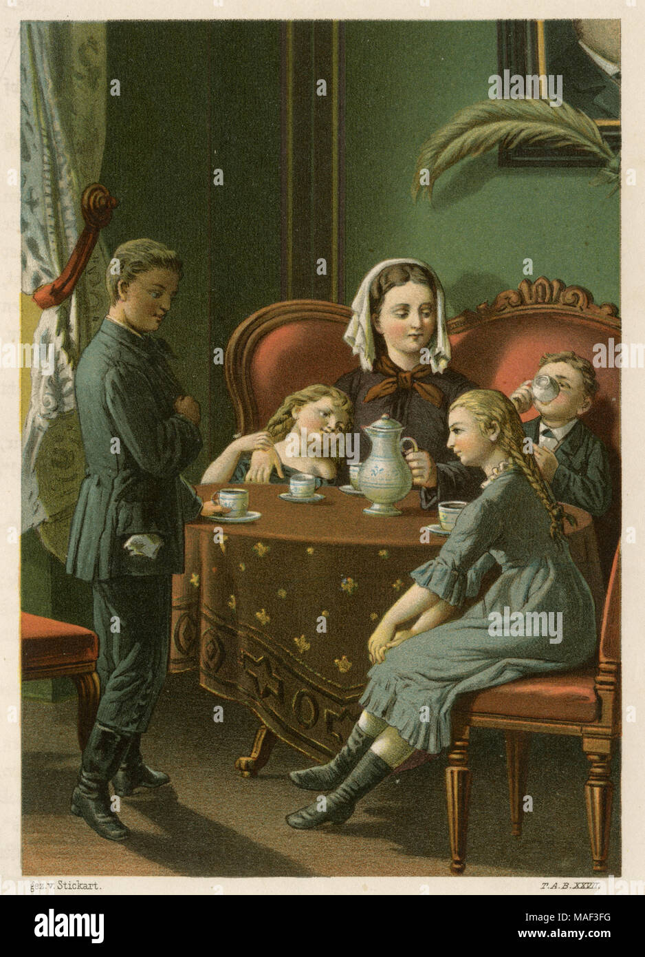 Famiglia Biedermeier al tavolo da caffè, Stickart, creato , pubblicato Foto Stock