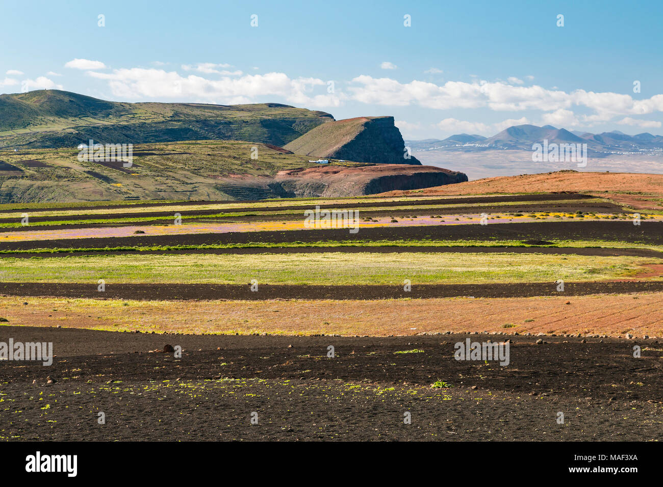 La vista dal Mirador del Rio a Lanzarote, Spagna a sud con il Famara scogliere. Foto Stock
