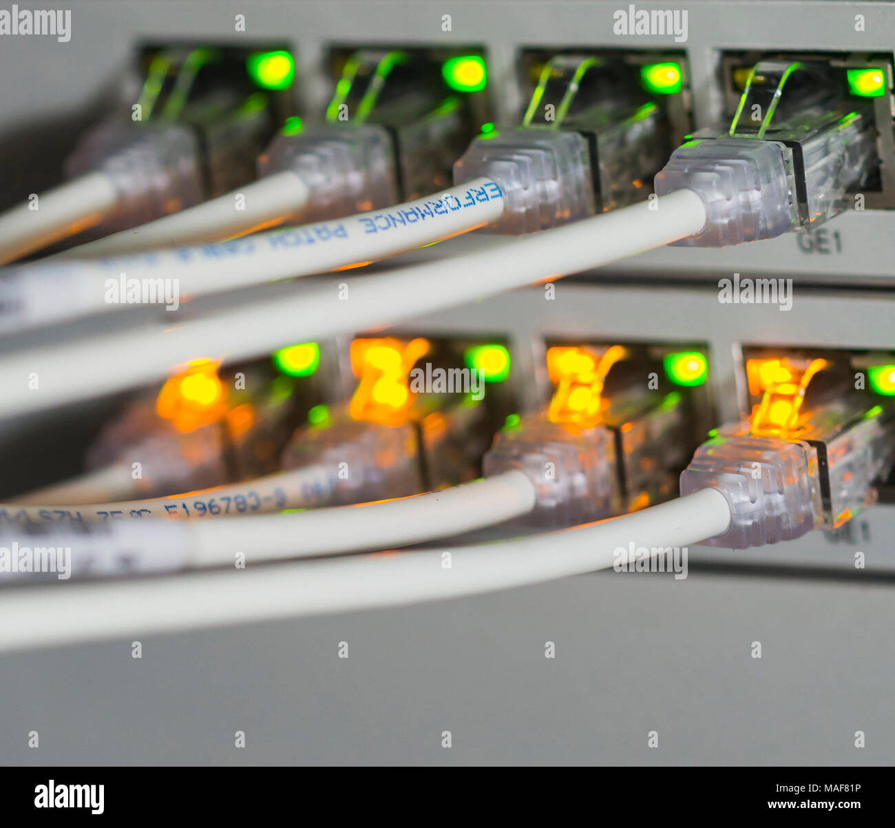 I cavi di rete e i server in una tecnologia data center cavi di rete nell'interruttore Foto Stock