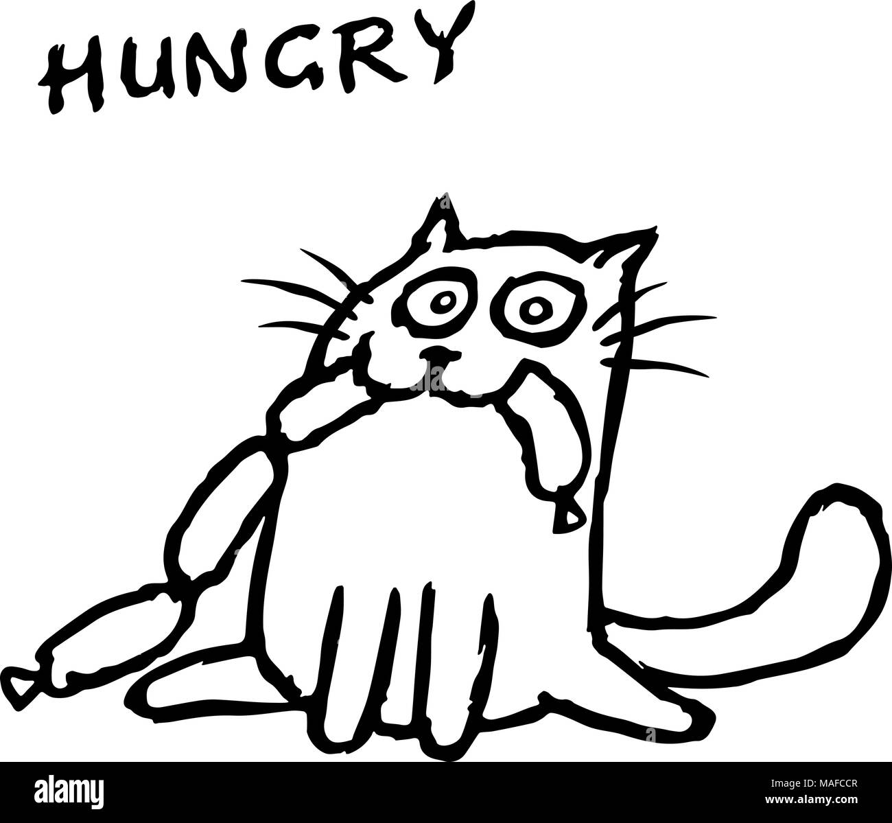 Il gatto Tik mangia salsicce. Funny cartoon cool carattere. Contorno a Mano libera il disegno digitale cute cat. Colore bianco sullo sfondo. Vettore isolato illustrati Illustrazione Vettoriale