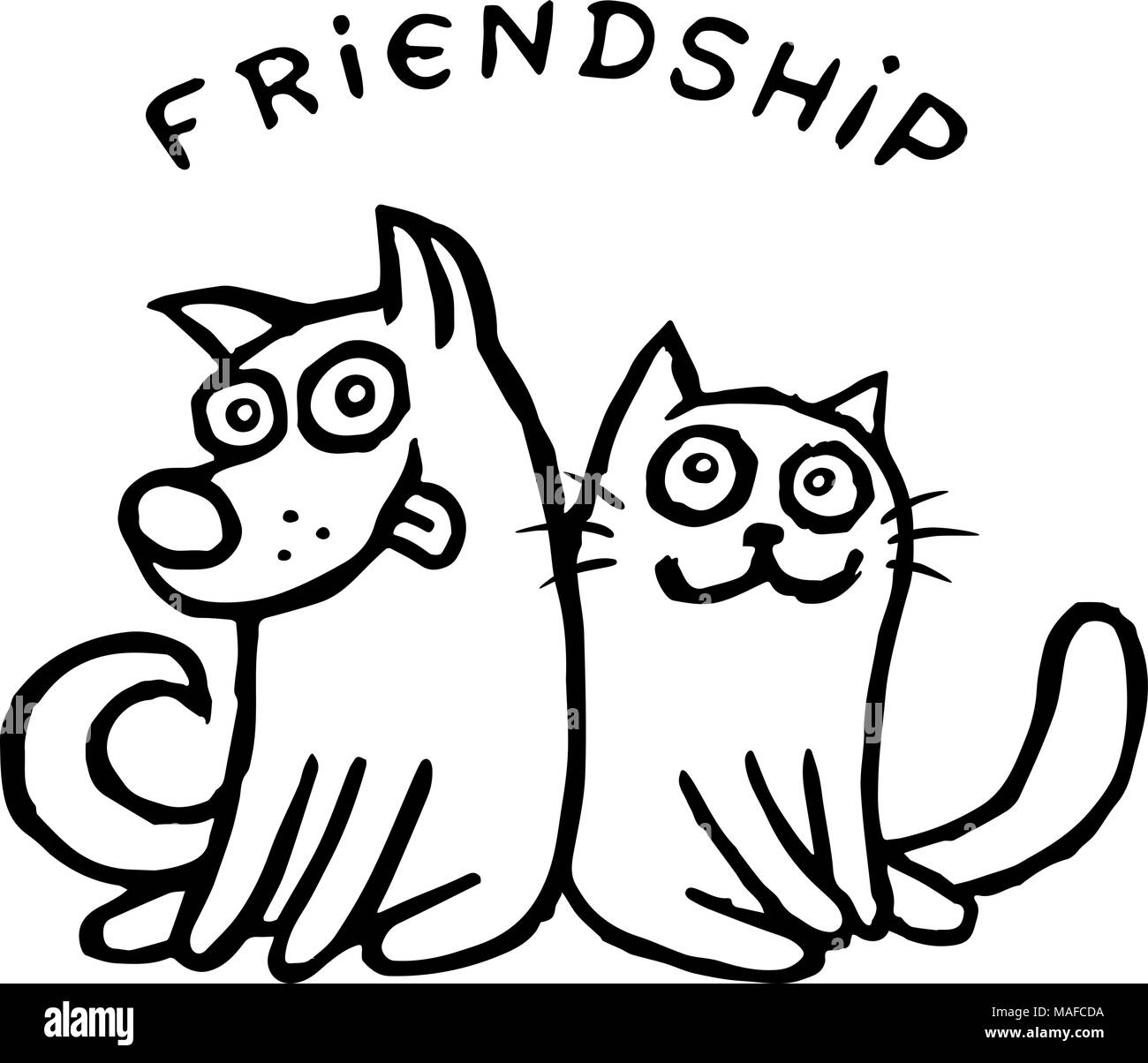 Funny cat Tik e il suo amico cane Kik. Migliori amici. Illustrazione Vettoriale. Insieme per sempre. Simpatici animali domestici caratteri. Illustrazione Vettoriale