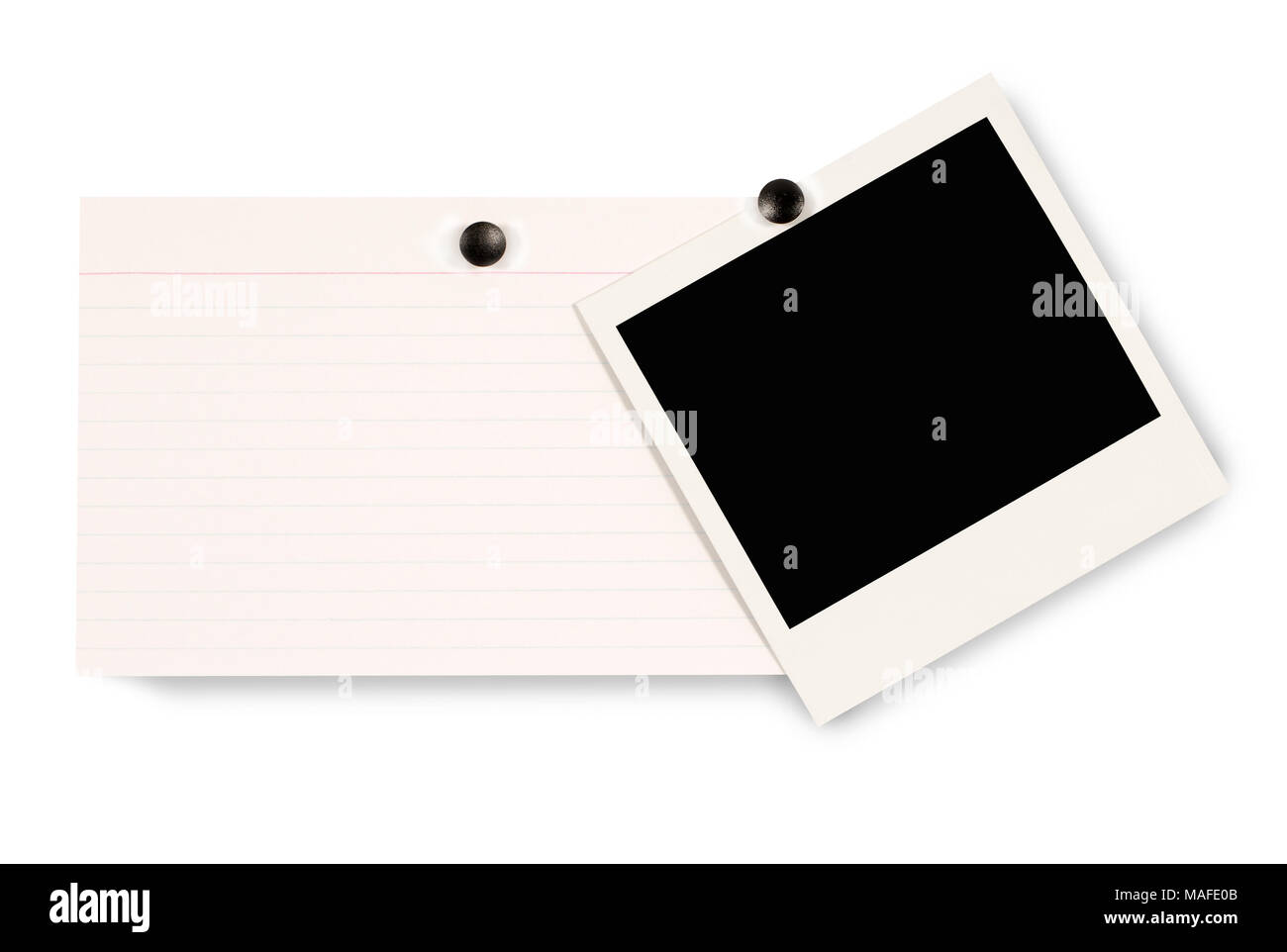 Vuoto fotocamera istantanea stampa fotografica in bianco e indice di office card isolato su uno sfondo bianco. Spazio per la copia. Foto Stock