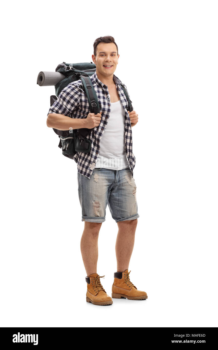 A piena lunghezza Ritratto di un turista con lo zaino isolati su sfondo bianco Foto Stock