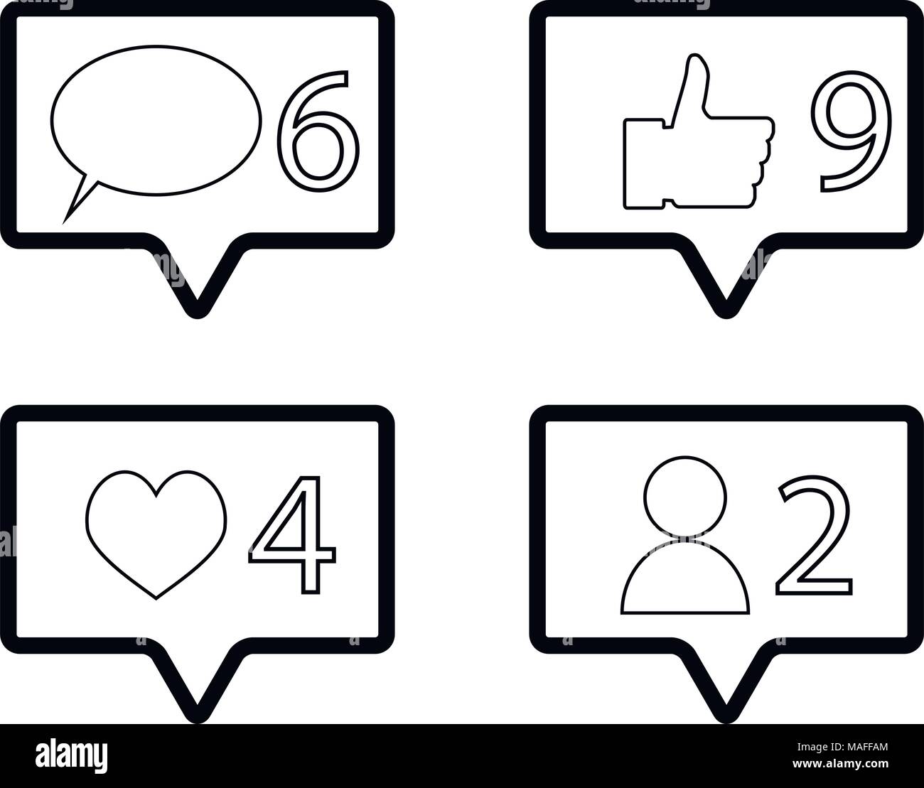 Contatore in reti sociali messaggio simile e amico. Vector pulsante applicazione, web di notifica e di parlato e simili, commento illustrazione del contatore Illustrazione Vettoriale