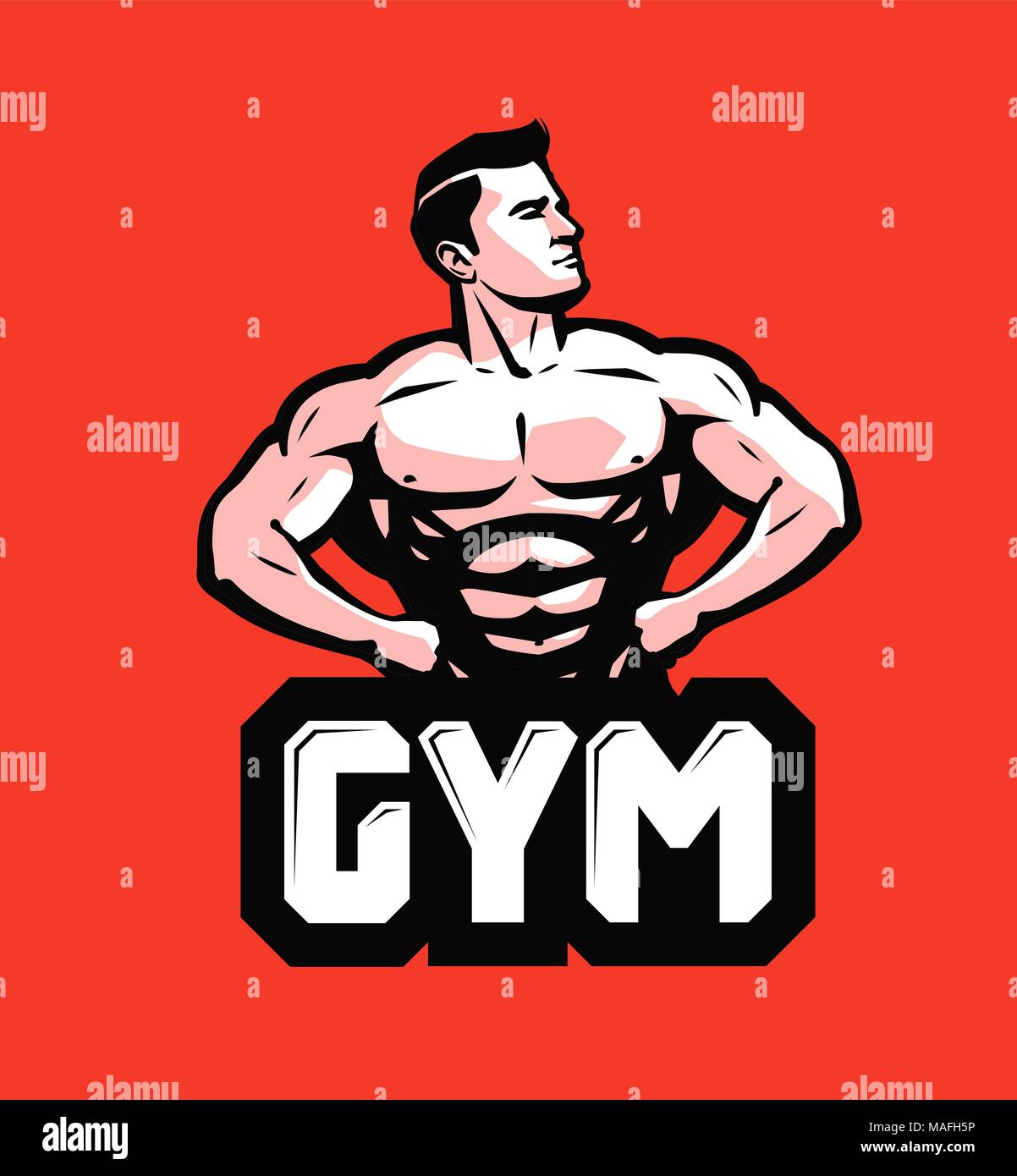 Palestra, bodybuilding logo o etichetta. Uomo Forte con grandi muscoli. Illustrazione Vettoriale Illustrazione Vettoriale