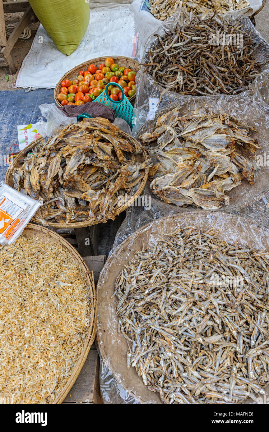 Pesci secchi in vendita presso il principale luogo di mercato ( Nyaung Oo) a Bagan, Myanmar (Birmania) Foto Stock