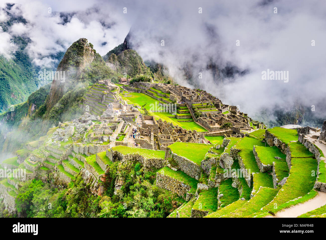 Il Machu Picchu in Perù - Rovine di Inca Empire City e Huaynapicchu montagna nella Valle Sacra, Cusco, Sud America. Foto Stock
