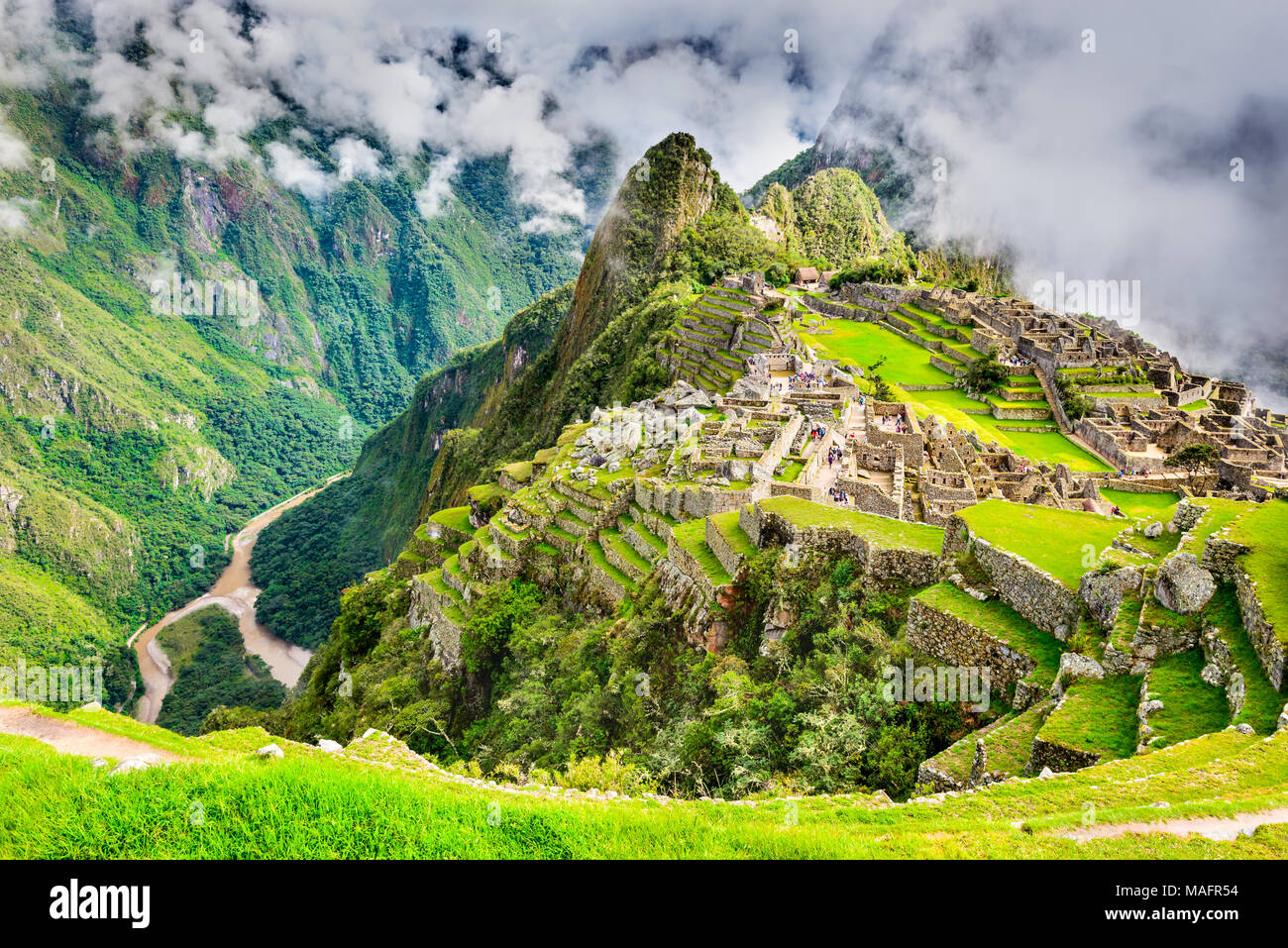 Il Machu Picchu in Perù - Rovine di Inca Empire City e Huaynapicchu montagna nella Valle Sacra, Cusco, Sud America. Foto Stock