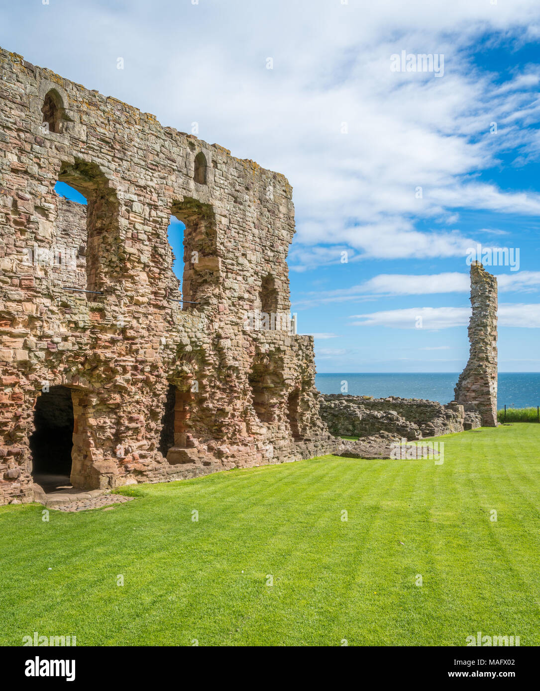 Il castello di Tantallon, semi-rovinato metà del XIV secolo di fortezza, si trova a 5 chilometri a est di North Berwick, in East Lothian, Scozia. Foto Stock