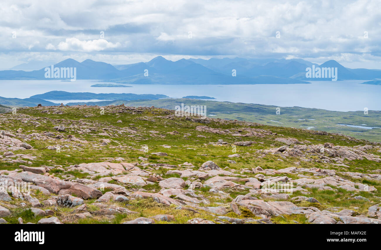 Vista panoramica Vicino Bealach na Ba Viewpoint, nella penisola di Applecross in Wester Ross, Higlands scozzesi. Foto Stock