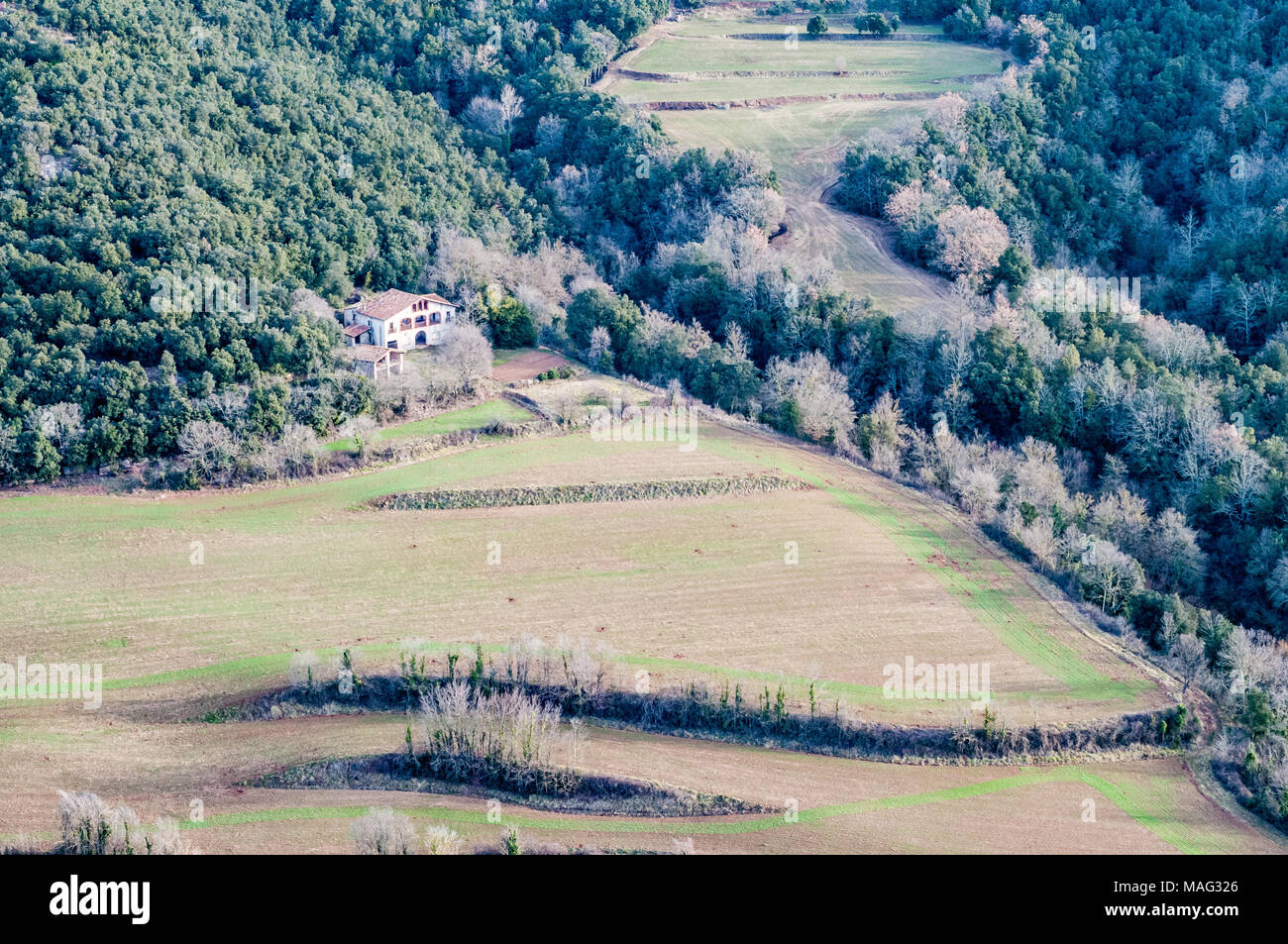 Vista aerea di una casa rurale, Catalogna, Spagna Foto Stock