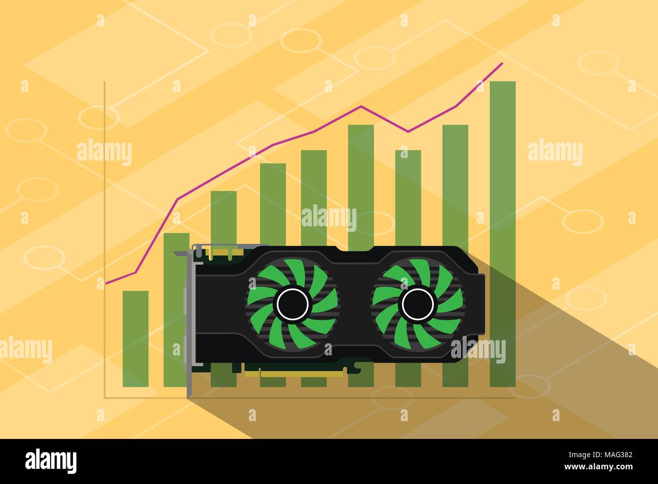 Un video digitale scheda grafica aumentando a causa dell'attività mineraria bitcoin Illustrazione Vettoriale