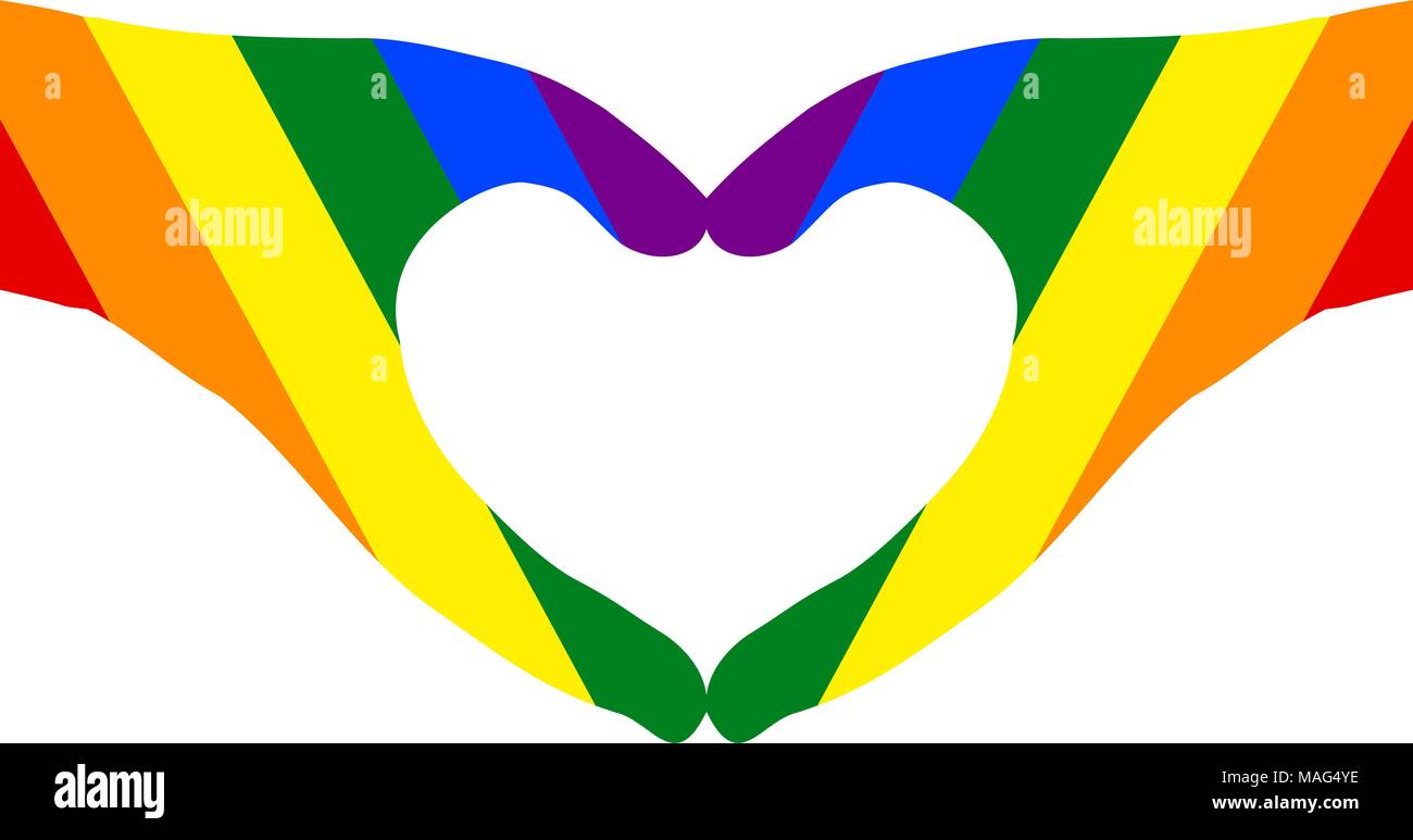Coppia di mani in forma di cuore (sfondo trasparente di colore bianco) dipinta con colori dell'arcobaleno. Illustrazione vettoriale EPS10. Illustrazione Vettoriale