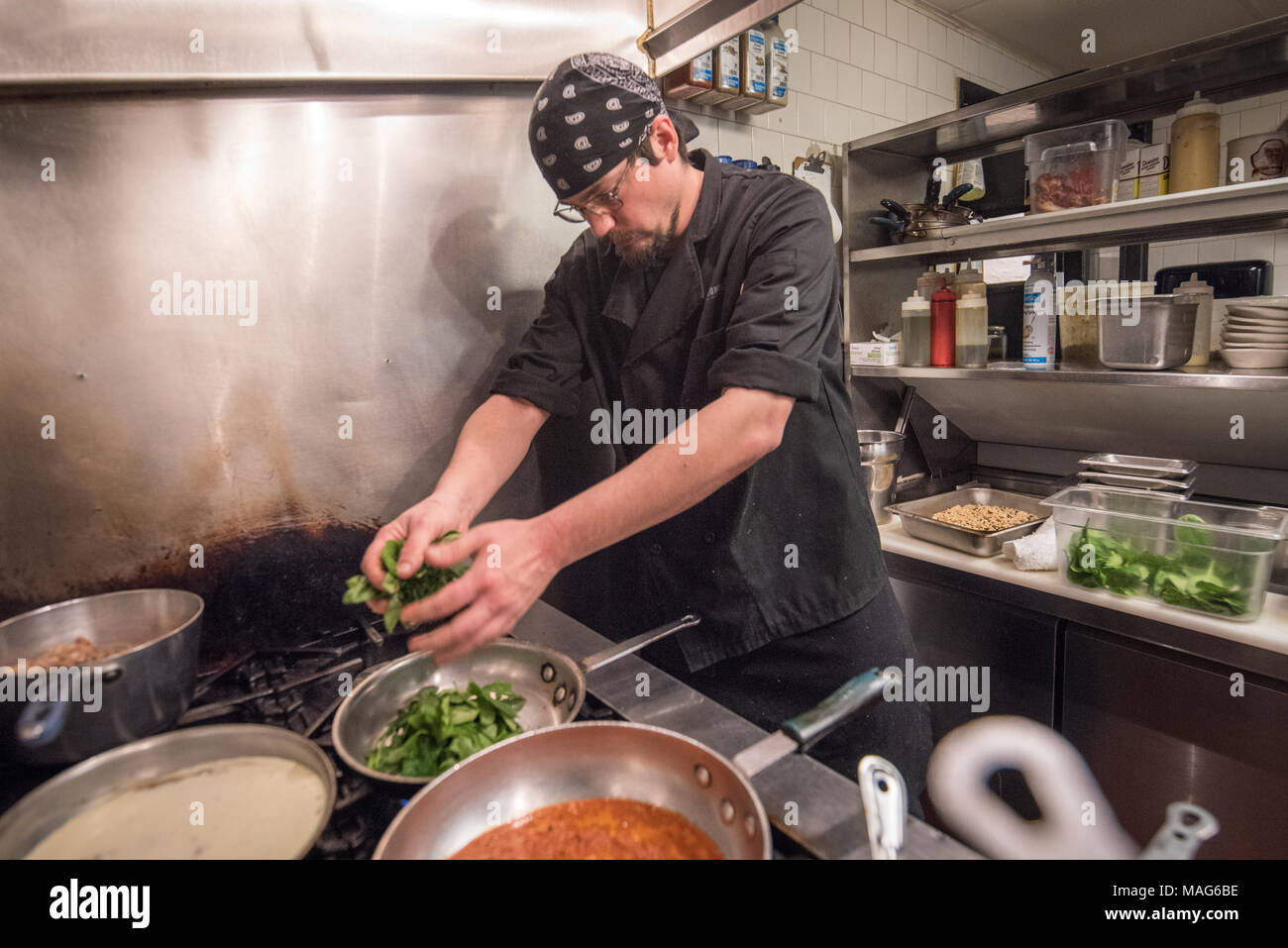 Lo chef maschio immissione appassì spinaci in padella in una cucina commerciale a Baltimora, MD Foto Stock