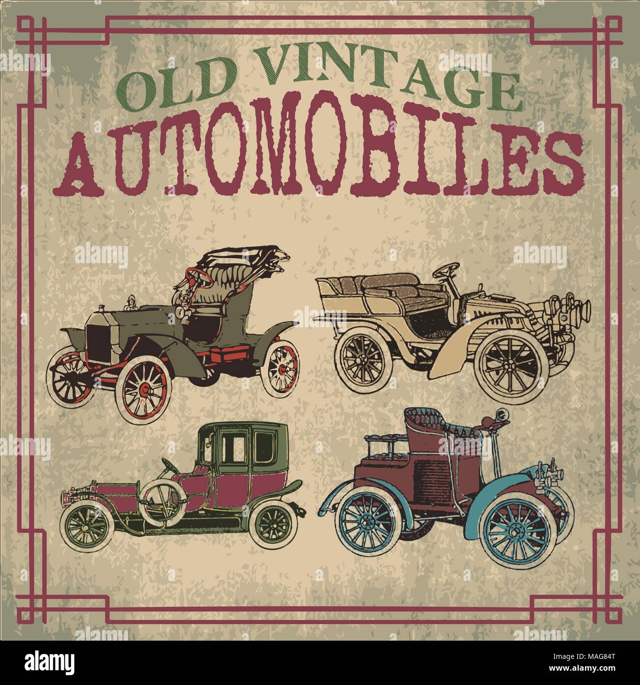 Vecchio e vintage Automobiles progetta vetture nel vettore Illustrazione Vettoriale