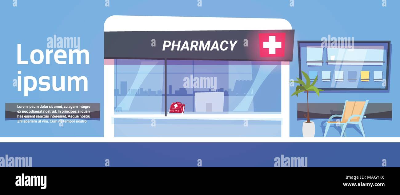 Pharmacy Store in un moderno ospedale farmacia Shop modello esterno Illustrazione Vettoriale