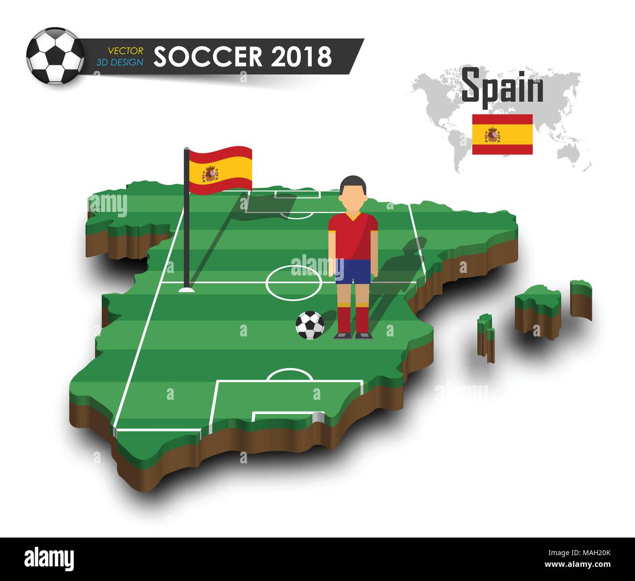 Spagna nazionale di calcio . Giocatore di football e flag su 3D design country mappa . isolato sfondo . Vettore per international world Championship tou Illustrazione Vettoriale