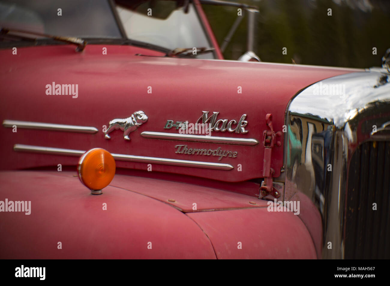 Dettaglio: cromata 'B-75 Mack Thermodyne' logo sul cofano di un rosso Mack B-75 gioco corpo di lavoro carrello, vicino Noxon, Montana. Foto Stock
