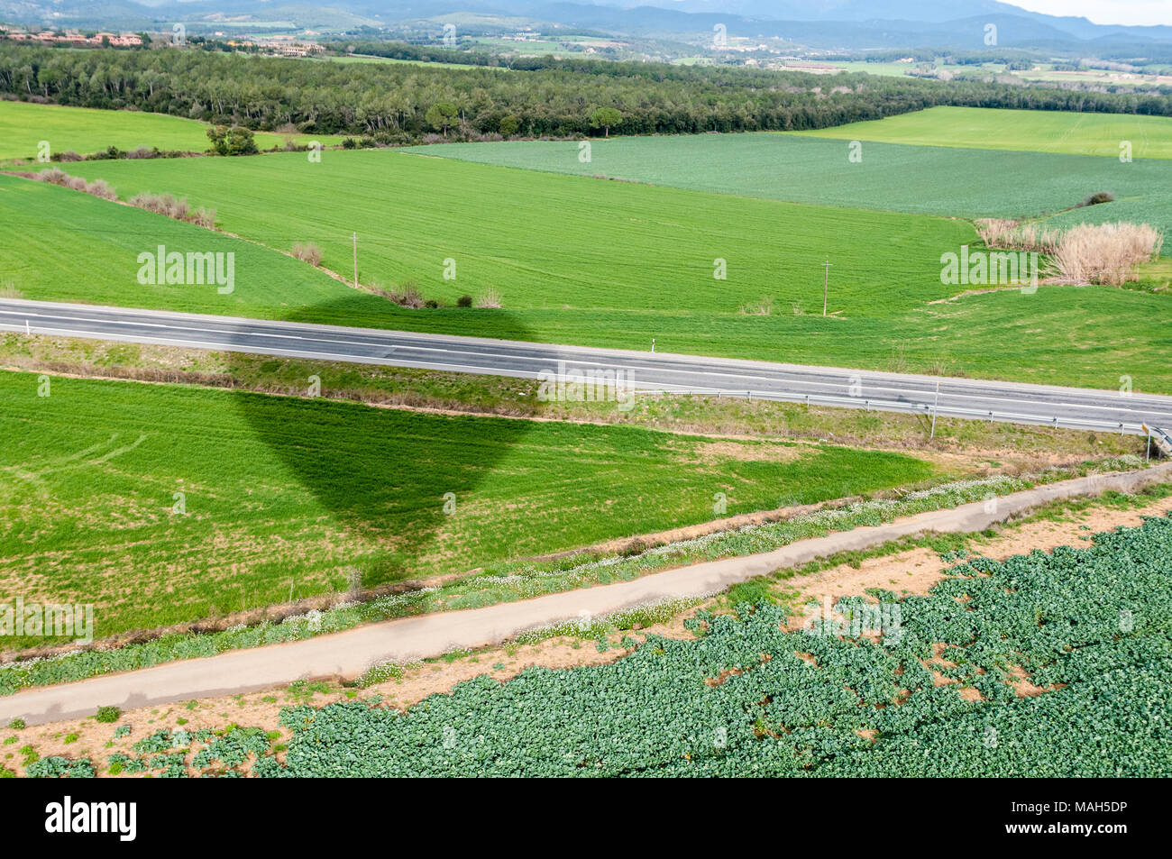 Ombra di una mongolfiera su un campo di coltivazione e di una strada, in Catalogna, Spagna Foto Stock