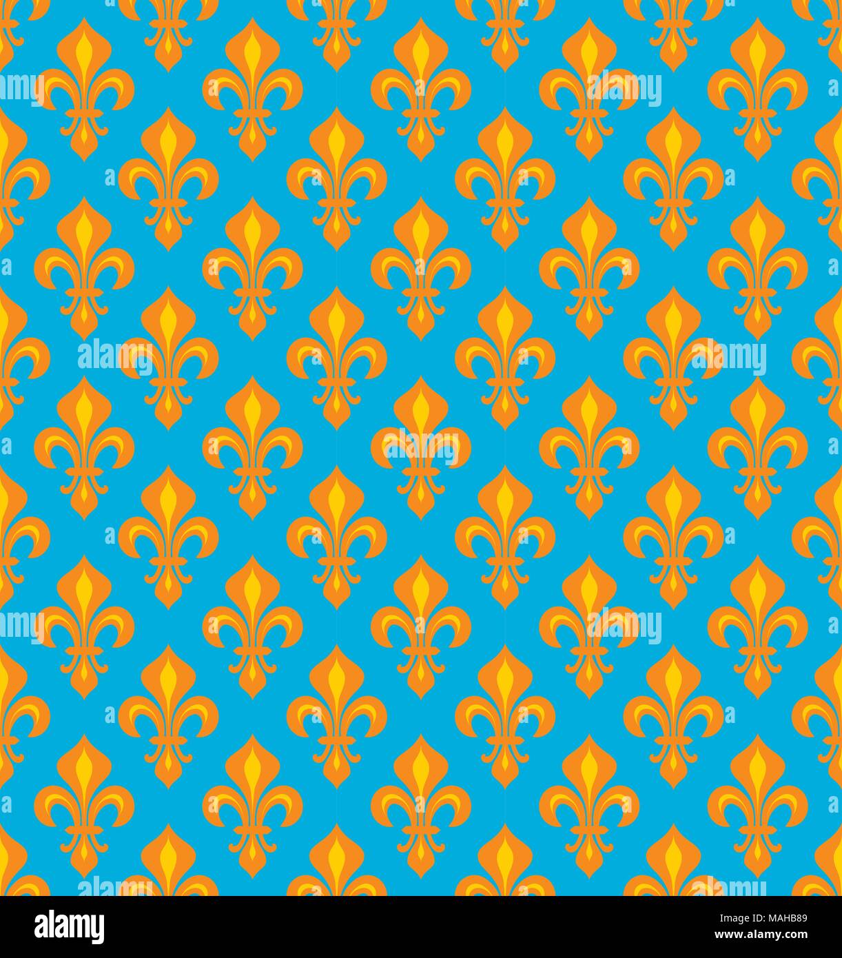 Royal gigli araldici (Fleur de Lis) - Gioiosa cerulean azzurro ciano/orange velvet, seamless pattern, sfondo. Illustrazione Vettoriale