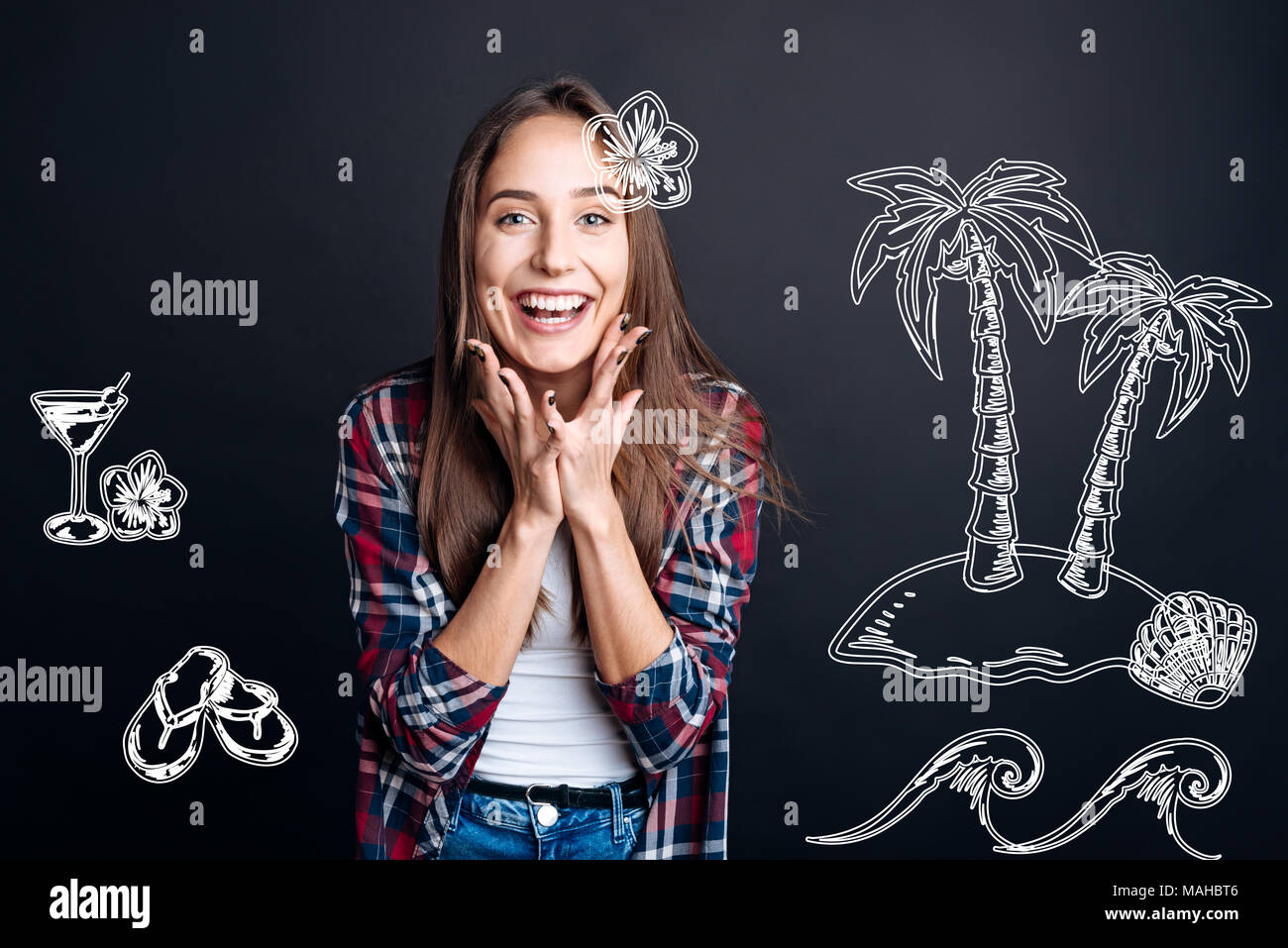 Studente emotivo sensazione eccitato in attesa per il suo viaggio estivo Foto Stock