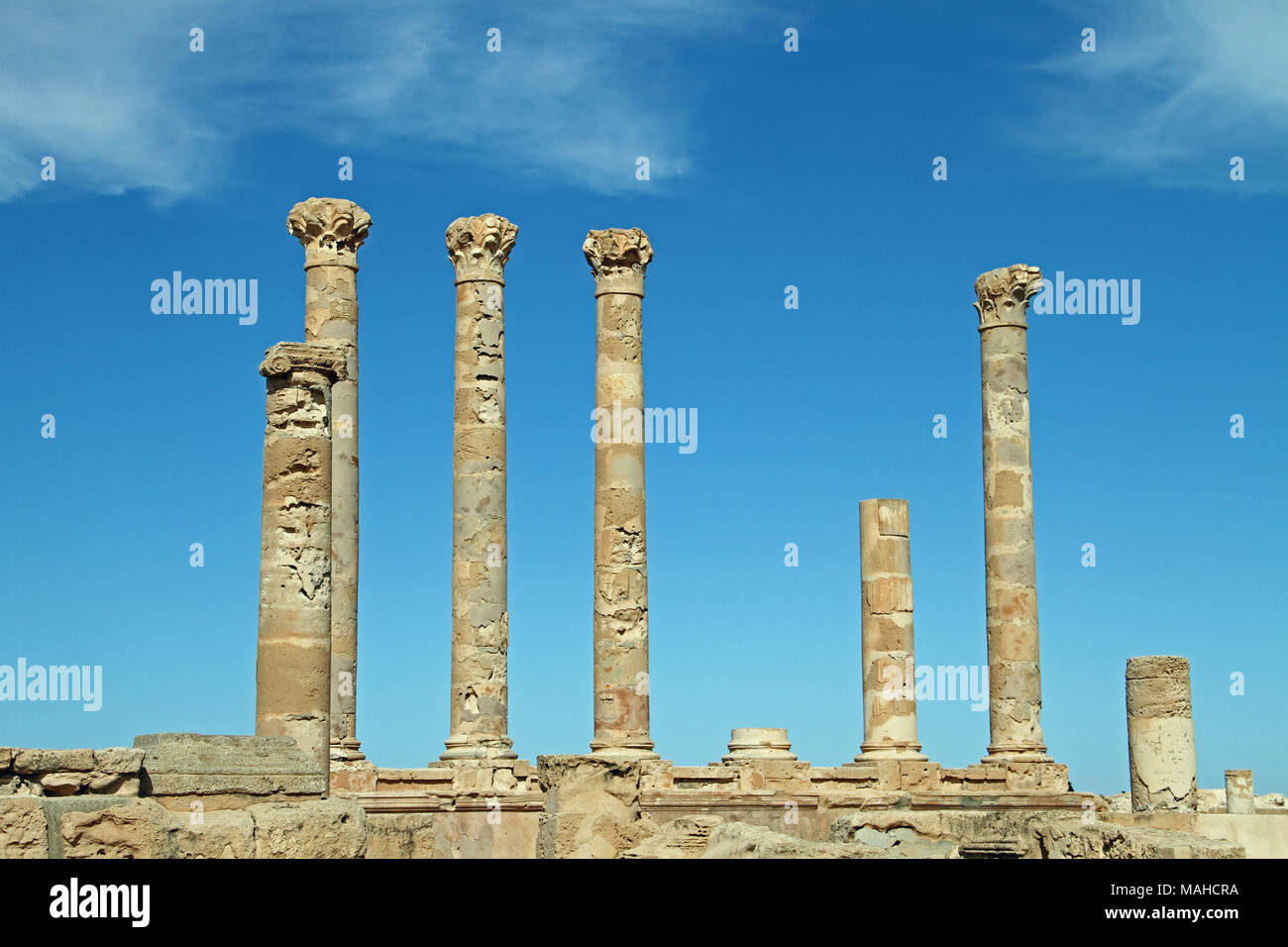 Le antiche rovine romane di Sabratha weat di Tripoli, Libia Foto Stock