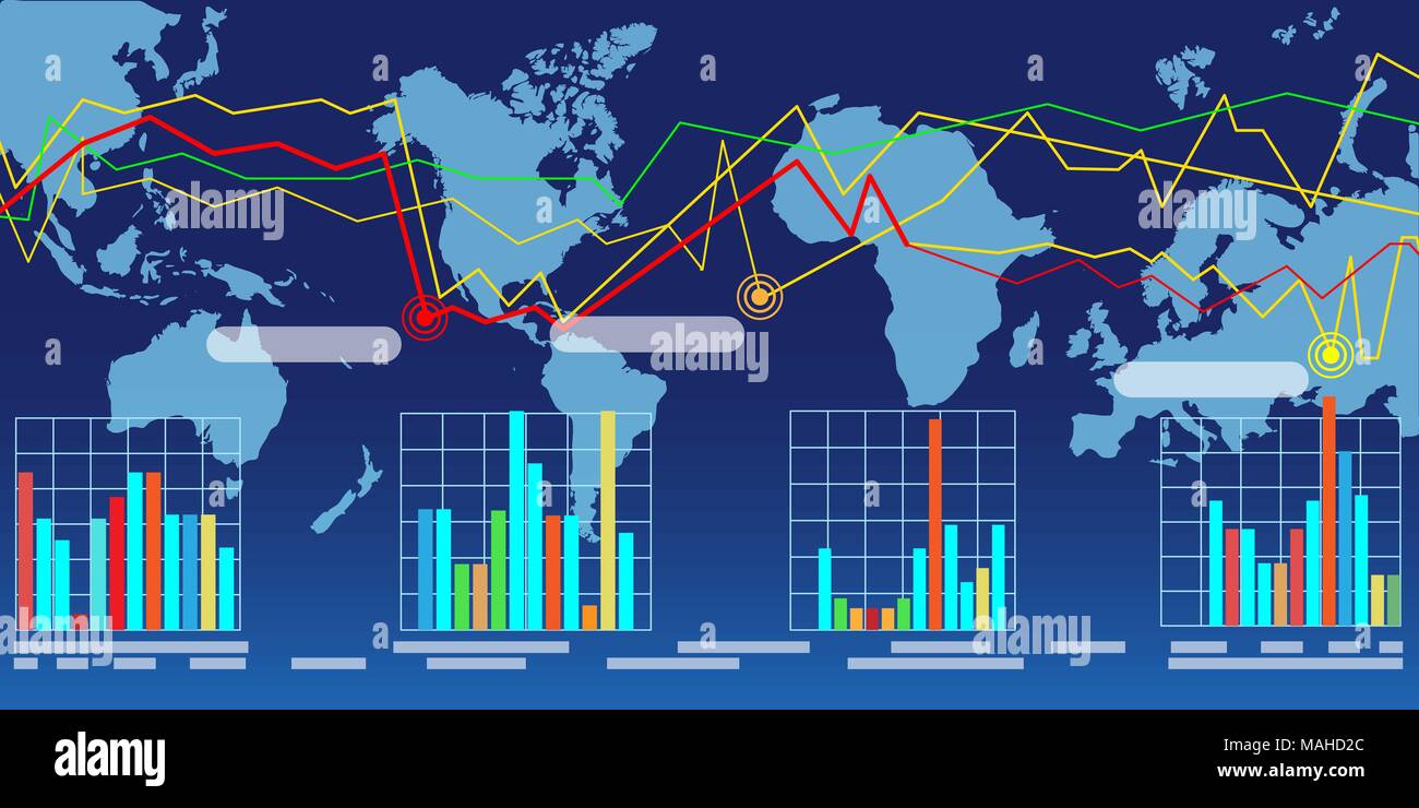 Una mappa del mondo con grafici e tabelle. Global business concetto. Illustrazione Vettoriale. Illustrazione Vettoriale