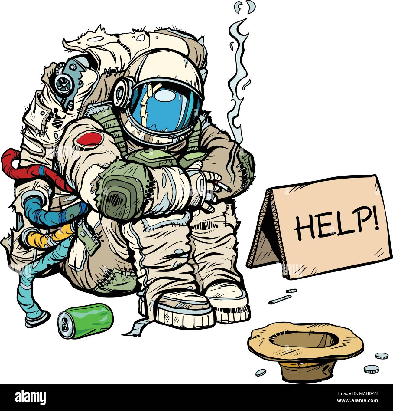 Concetto crowdfunding. Un povero senzatetto astronauta chiede soldi Illustrazione Vettoriale