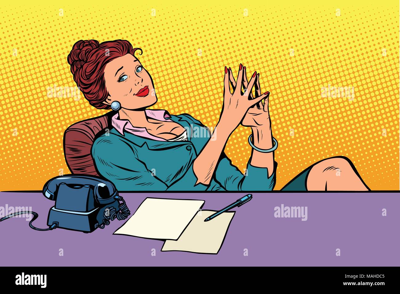 Imprenditrice boss seduto alla scrivania in ufficio Illustrazione Vettoriale