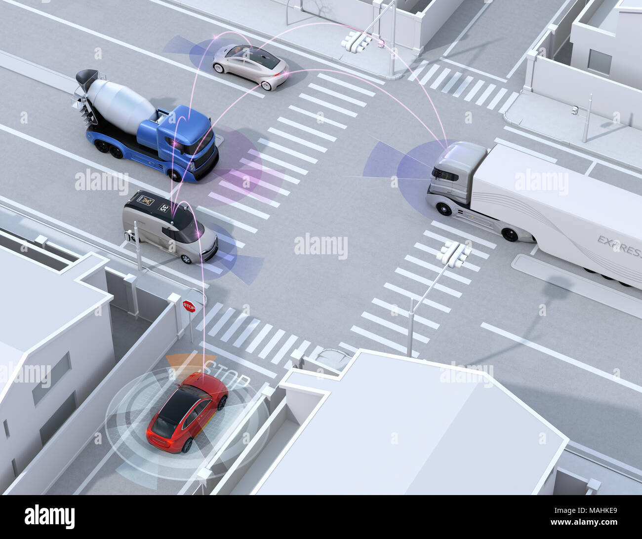 Regolare il traffico in incrocio. Concetto di vantaggio della tecnologia autonoma. Il rendering 3D'immagine. Foto Stock