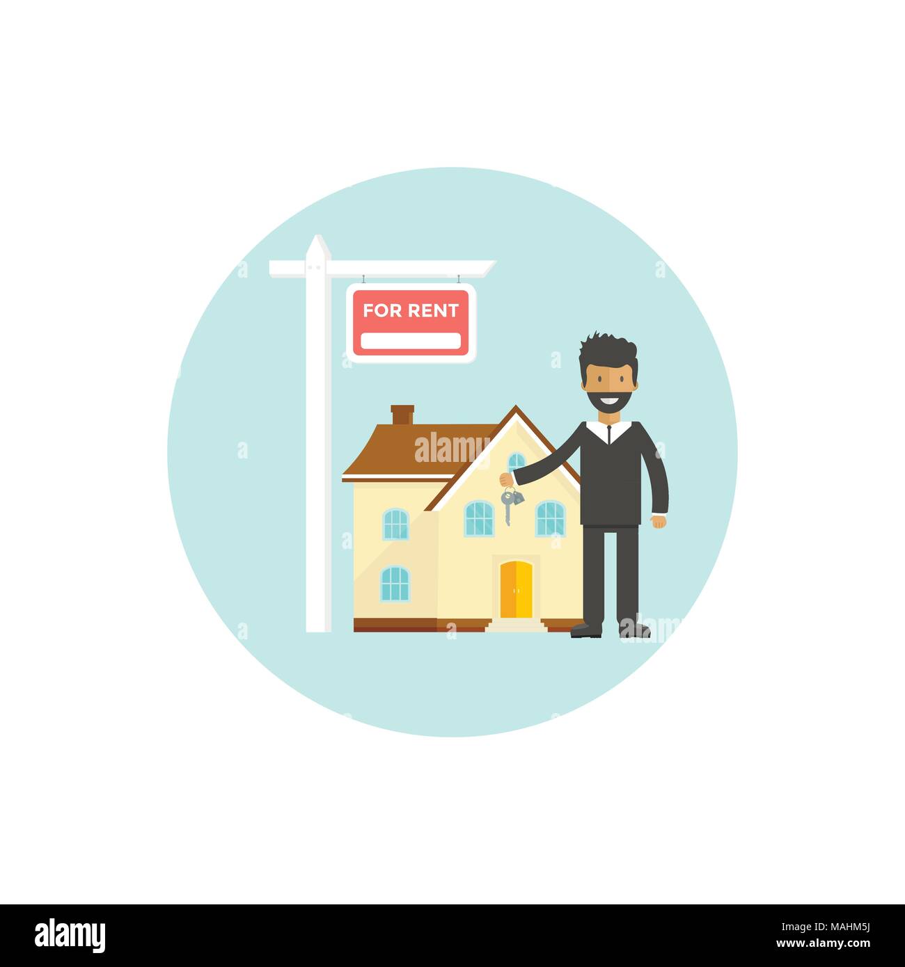 Pagina di intestazione per le vendite, la pubblicità house, cottage, agente con chiavi. Offerta di acquisto di casa. La locazione di beni immobili. Vector design piatto, paesaggio urbano. Illustrazione Vettoriale