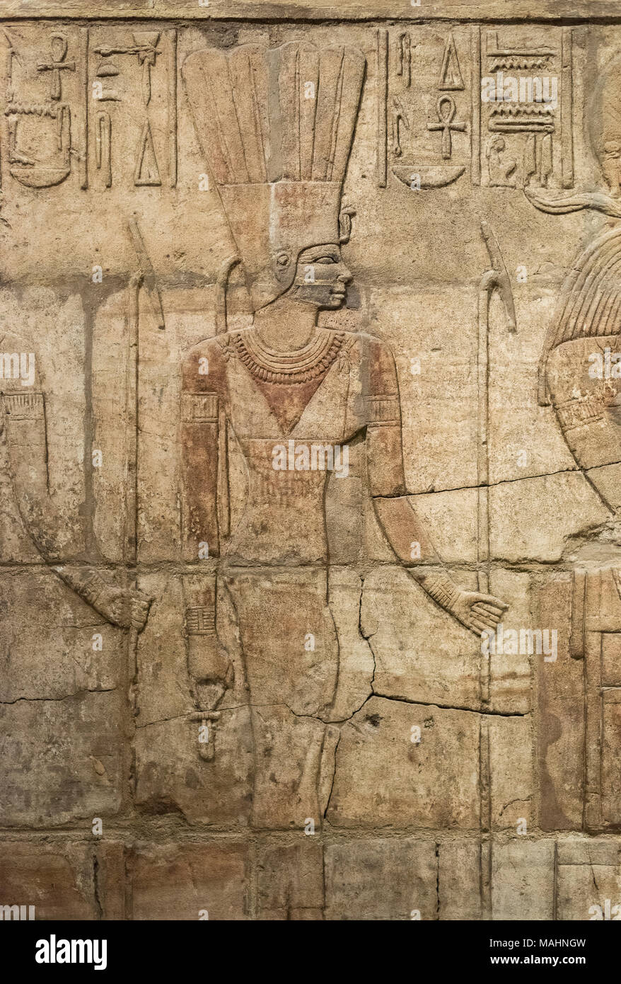 Oxford. In Inghilterra. Santuario di Re Taharqa (690-664 BC), particolare della dea Anukis (Anuket), Ashmolean Museum. Dettaglio del bassorilievo sulla parete ovest del Foto Stock