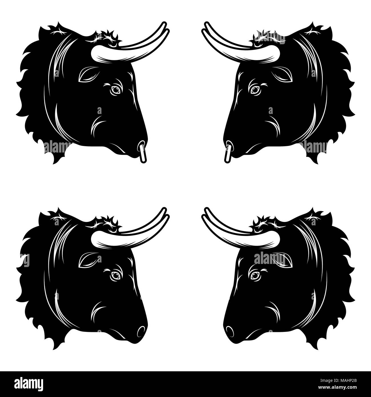 Design stilizzato di testa di toro. Illustrazione Vettoriale di testa di toro in colore nero, con e senza un anello al naso. Vettore silhouette bull Illustrazione Vettoriale