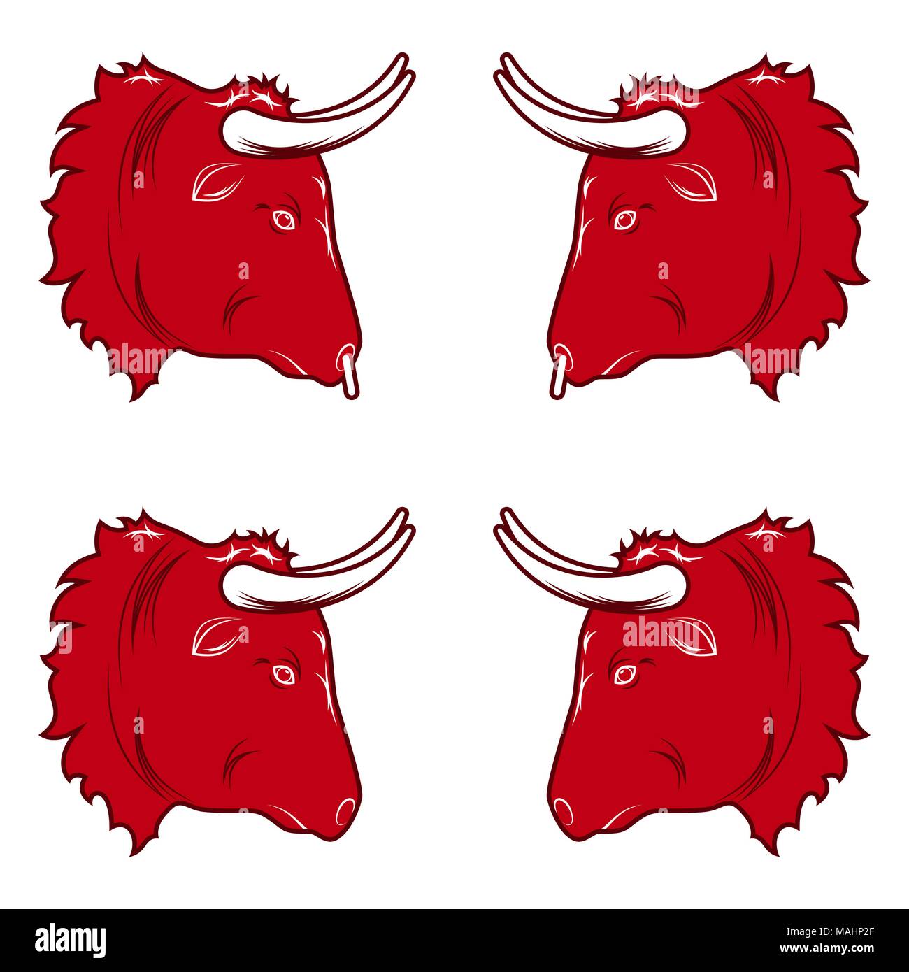 Design stilizzato di testa di toro. Illustrazione Vettoriale di testa di toro in colore rosso, con e senza un anello al naso. Vettore silhouette bull Illustrazione Vettoriale