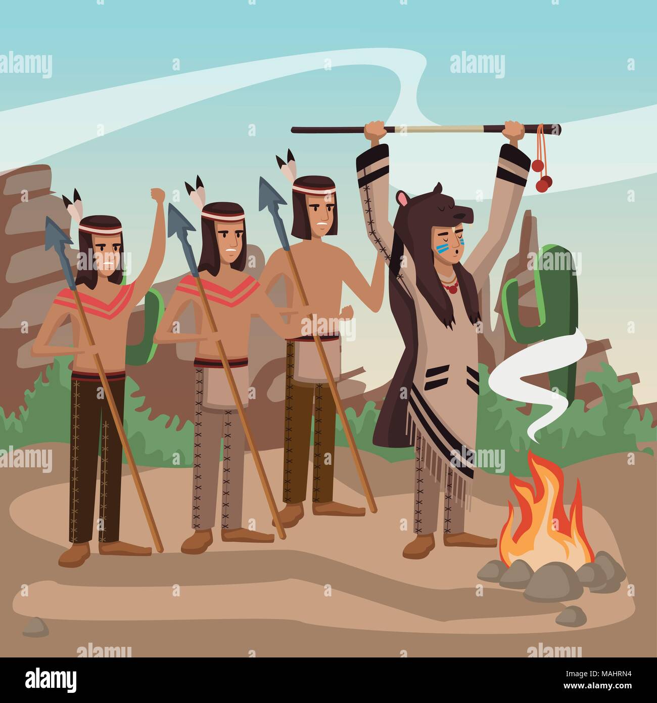 American Indian warriors presso il Village Illustrazione Vettoriale