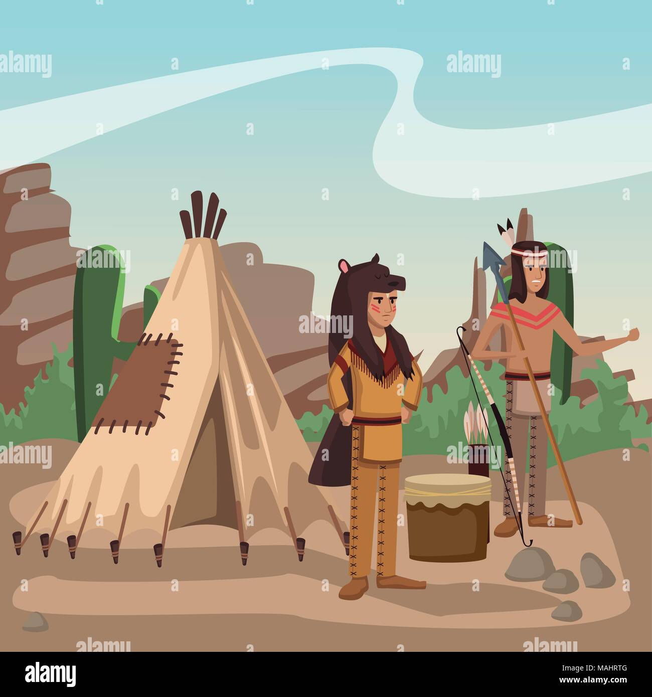 American Indian warriors presso il Village Illustrazione Vettoriale